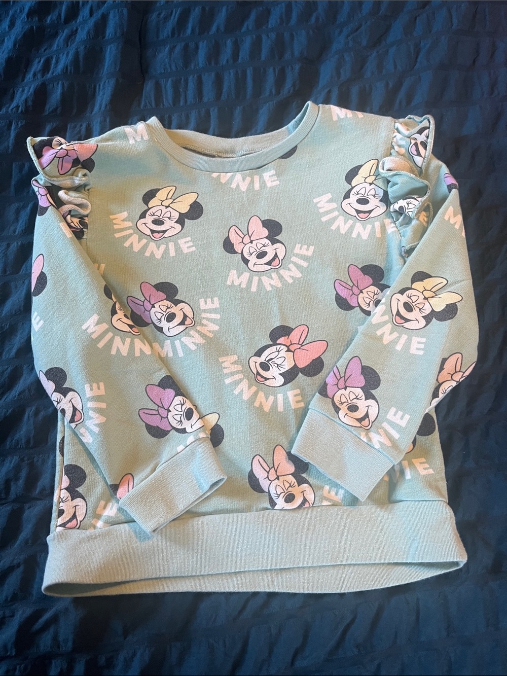 Girls Minnie Mouse Mint Green Ruffle Shoulder Sweatshirt
